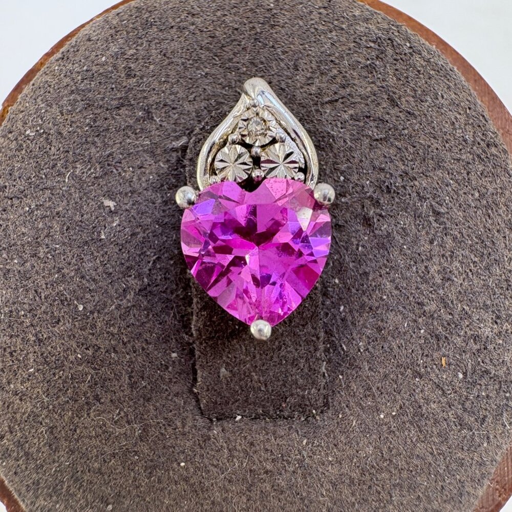 Sterling Silver 925 Natural Diamond & Pink CZ Heart Pendant Size 0.5" Length